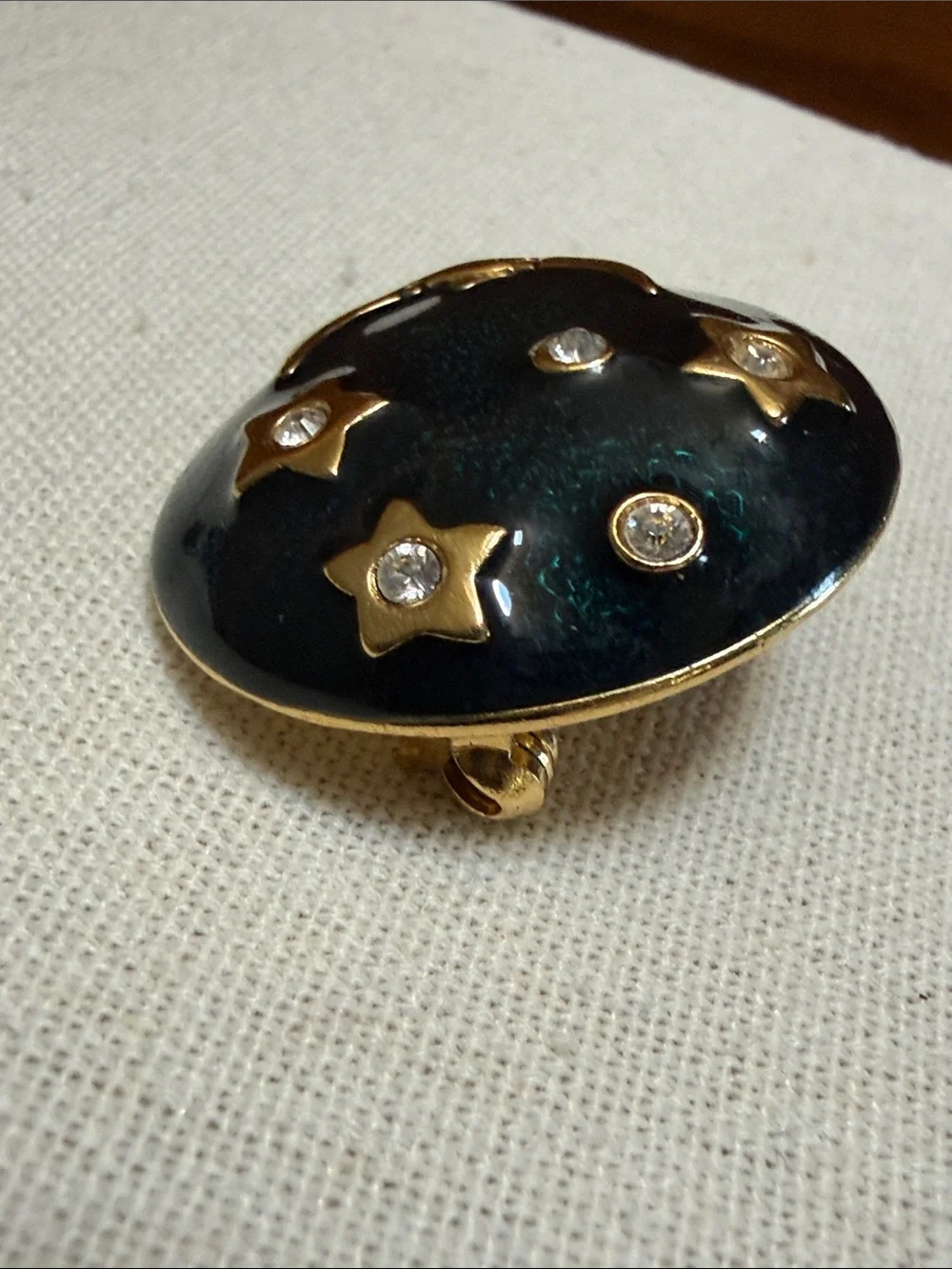 Vintage 80s Dark Teal Enamel Celestial Moon & Stars Dome Brooch Pin